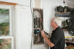 electrician checking overloaded circuit breaker panel sparks